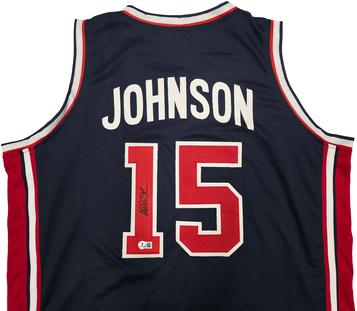 Team USA Magic Johnson Autographed Blue Jersey Beckett BAS QR Stock #259994