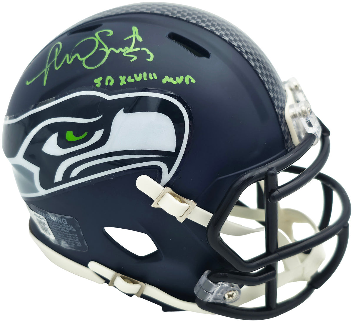 Malcolm Smith Autographed Seattle Seahawks Blue Speed Mini Helmet "SB LXVIII MVP" Beckett BAS Witness Stock #262123