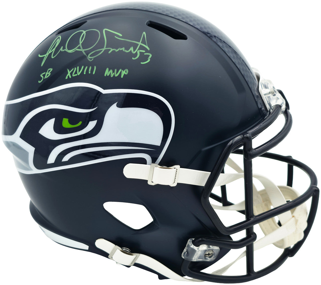 Malcolm Smith Autographed Seattle Seahawks Blue Full Size Speed Replica Helmet "SB LXVIII MVP" Beckett BAS Witness Stock #262124