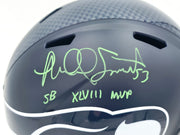 Malcolm Smith Autographed Seattle Seahawks Blue Full Size Speed Replica Helmet "SB LXVIII MVP" Beckett BAS Witness Stock #262124