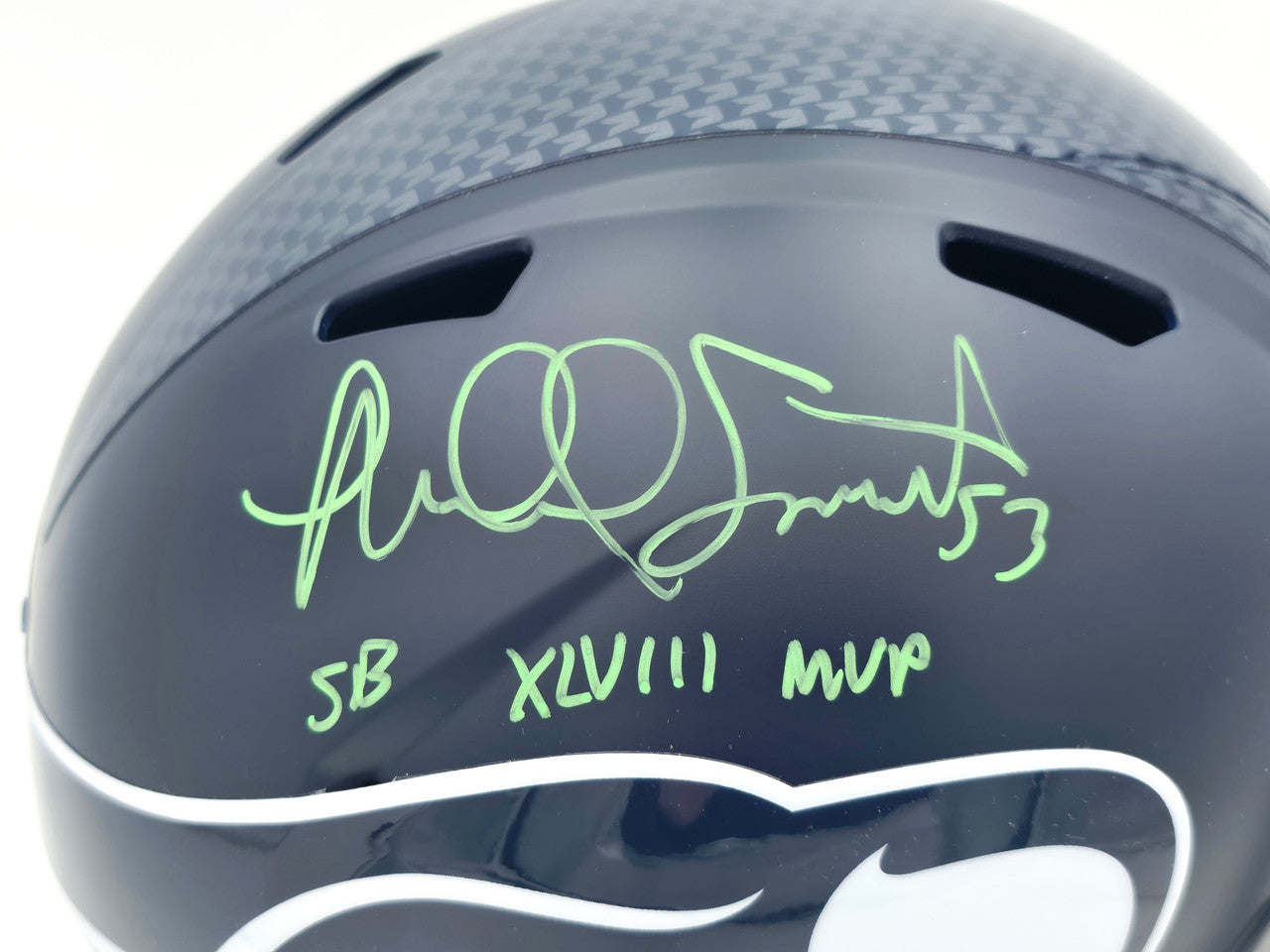Malcolm Smith Autographed Seattle Seahawks Blue Full Size Speed Replica Helmet "SB LXVIII MVP" Beckett BAS Witness Stock #262124