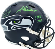Kenneth Walker III & Malcolm Smith Autographed Seattle Seahawks Blue Full Size Speed Replica Helmet "SB LX MVP, SB LXVIII MVP" Beckett BAS Witness Stock #262125