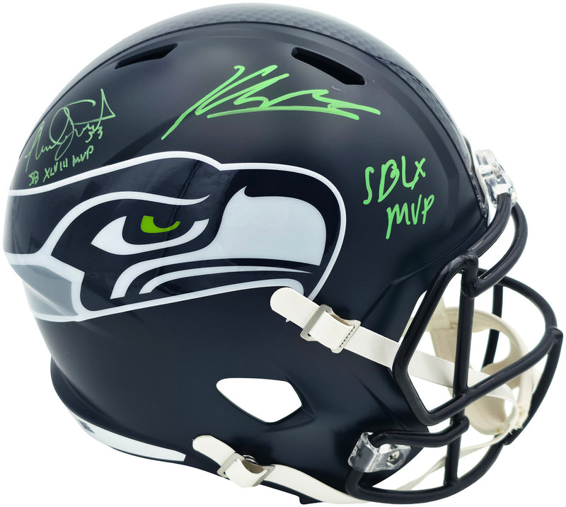 Kenneth Walker III & Malcolm Smith Autographed Seattle Seahawks Blue Full Size Speed Replica Helmet "SB LX MVP, SB LXVIII MVP" Beckett BAS Witness Stock #262125