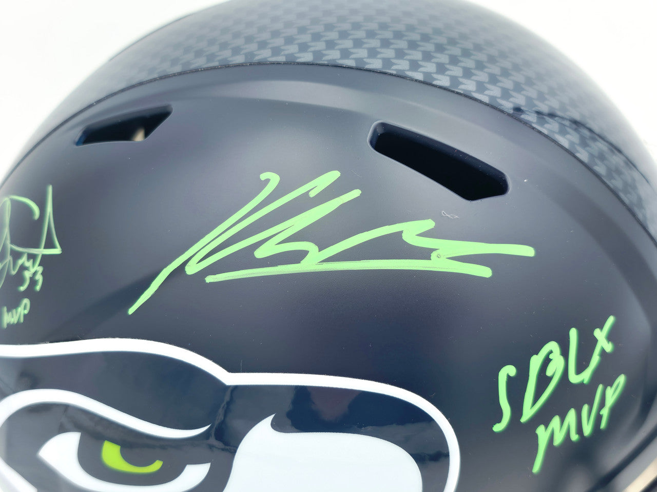 Kenneth Walker III & Malcolm Smith Autographed Seattle Seahawks Blue Full Size Speed Replica Helmet "SB LX MVP, SB LXVIII MVP" Beckett BAS Witness Stock #262125
