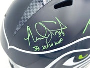 Kenneth Walker III & Malcolm Smith Autographed Seattle Seahawks Blue Full Size Speed Replica Helmet "SB LX MVP, SB LXVIII MVP" Beckett BAS Witness Stock #262125