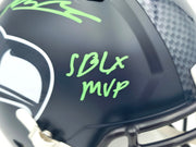 Kenneth Walker III & Malcolm Smith Autographed Seattle Seahawks Blue Full Size Speed Replica Helmet "SB LX MVP, SB LXVIII MVP" Beckett BAS Witness Stock #262125