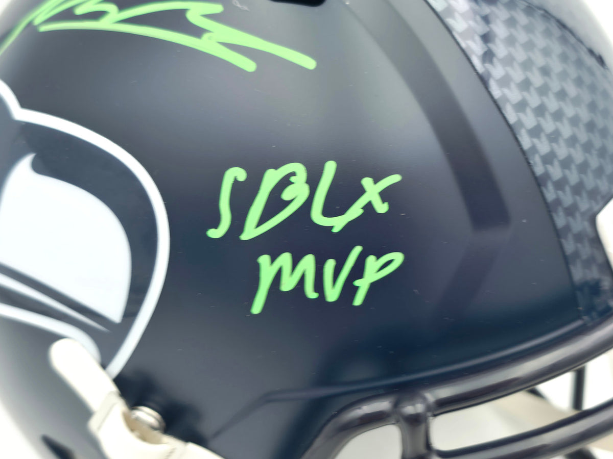 Kenneth Walker III & Malcolm Smith Autographed Seattle Seahawks Blue Full Size Speed Replica Helmet "SB LX MVP, SB LXVIII MVP" Beckett BAS Witness Stock #262125