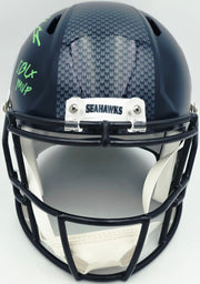 Kenneth Walker III & Malcolm Smith Autographed Seattle Seahawks Blue Full Size Speed Replica Helmet "SB LX MVP, SB LXVIII MVP" Beckett BAS Witness Stock #262125