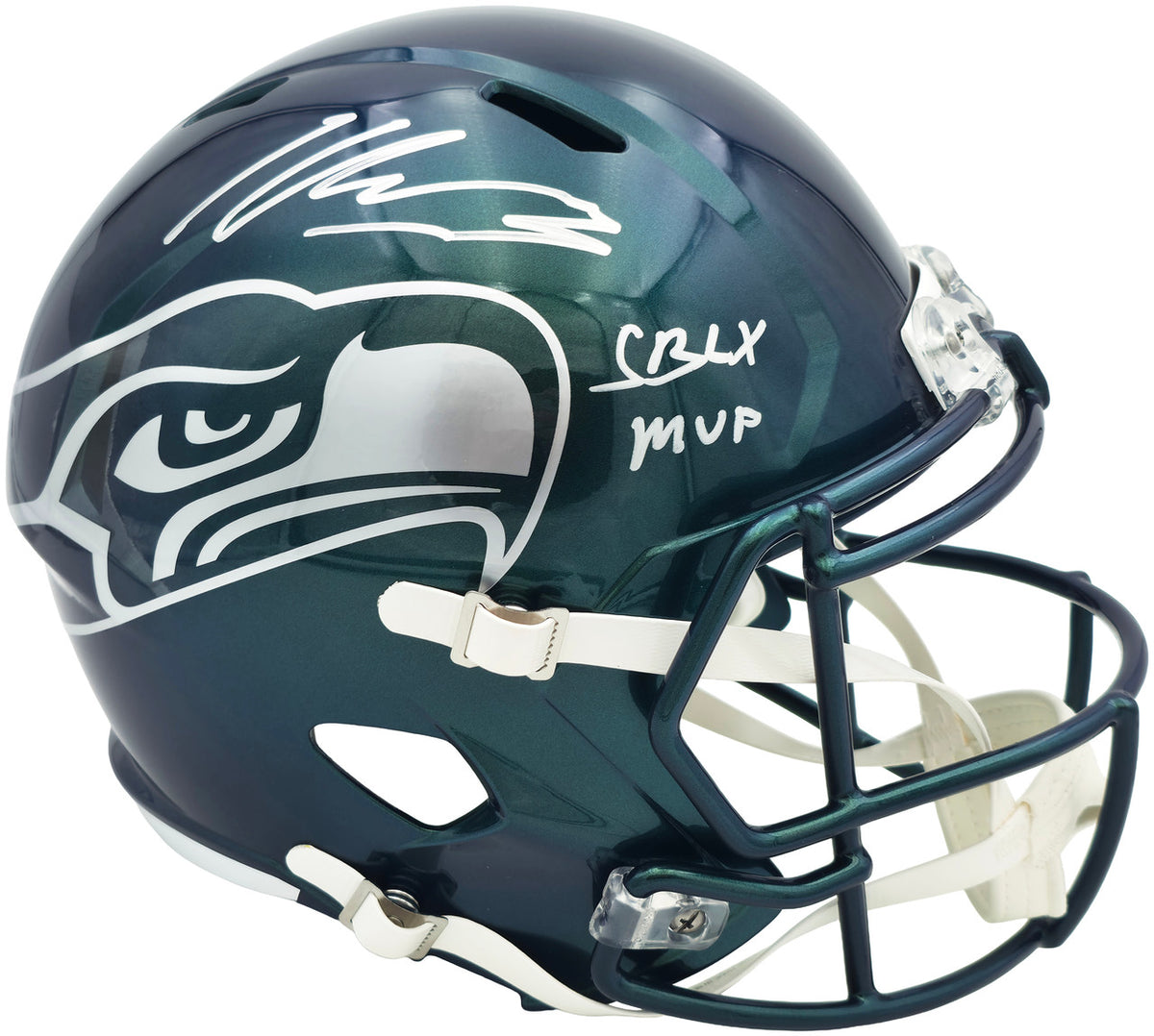 Kenneth Walker III Autographed Seattle Seahawks Metallic Green Full Size Rivalry Speed Replica Helmet "SB LX MVP" Beckett BAS Witness Stock #262128