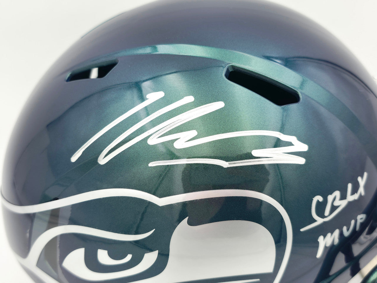 Kenneth Walker III Autographed Seattle Seahawks Metallic Green Full Size Rivalry Speed Replica Helmet "SB LX MVP" Beckett BAS Witness Stock #262128