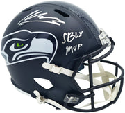 Kenneth Walker III Autographed Seattle Seahawks Blue Full Size SB LX Champions Logo Speed Replica Helmet "SB LX MVP" Beckett BAS Witness Stock #262129