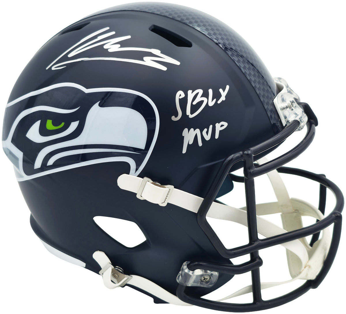 Kenneth Walker III Autographed Seattle Seahawks Blue Full Size SB LX Champions Logo Speed Replica Helmet "SB LX MVP" Beckett BAS Witness Stock #262129