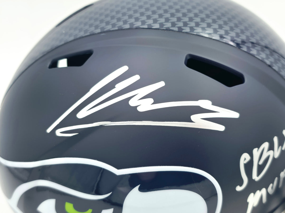 Kenneth Walker III Autographed Seattle Seahawks Blue Full Size SB LX Champions Logo Speed Replica Helmet "SB LX MVP" Beckett BAS Witness Stock #262129