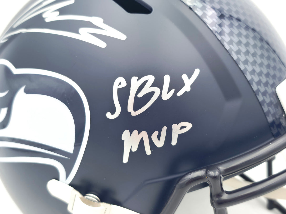 Kenneth Walker III Autographed Seattle Seahawks Blue Full Size SB LX Champions Logo Speed Replica Helmet "SB LX MVP" Beckett BAS Witness Stock #262129