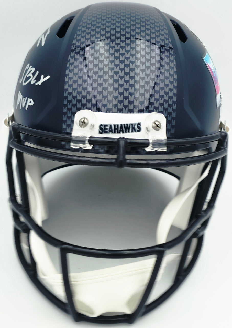 Kenneth Walker III Autographed Seattle Seahawks Blue Full Size SB LX Champions Logo Speed Replica Helmet "SB LX MVP" Beckett BAS Witness Stock #262129