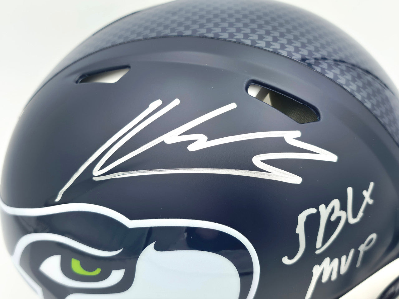 Kenneth Walker III Autographed Seattle Seahawks Blue Full Size SB LX Champions Logo Speed Authentic Helmet "SB LX MVP" Beckett BAS Witness Stock #262130