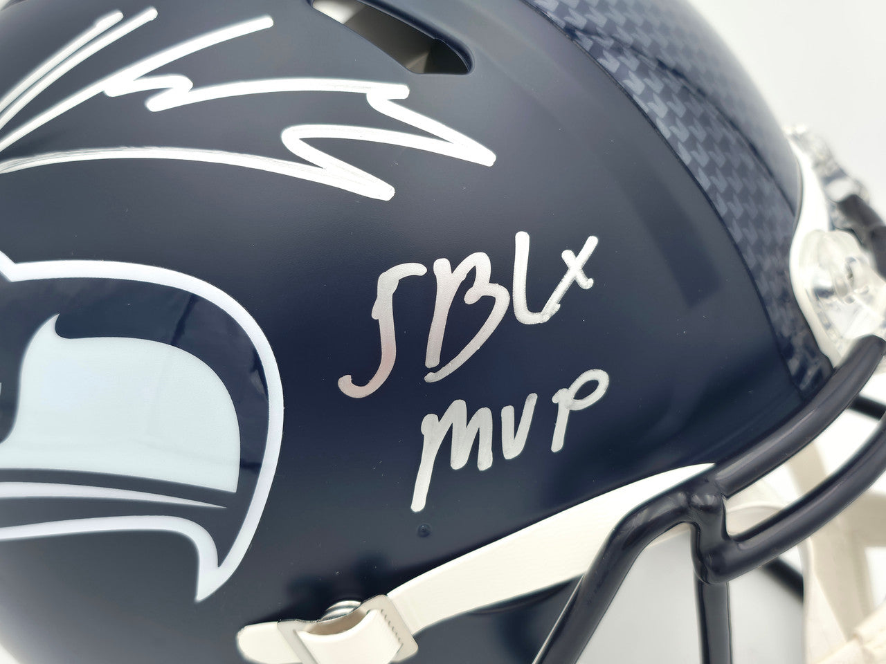 Kenneth Walker III Autographed Seattle Seahawks Blue Full Size SB LX Champions Logo Speed Authentic Helmet "SB LX MVP" Beckett BAS Witness Stock #262130
