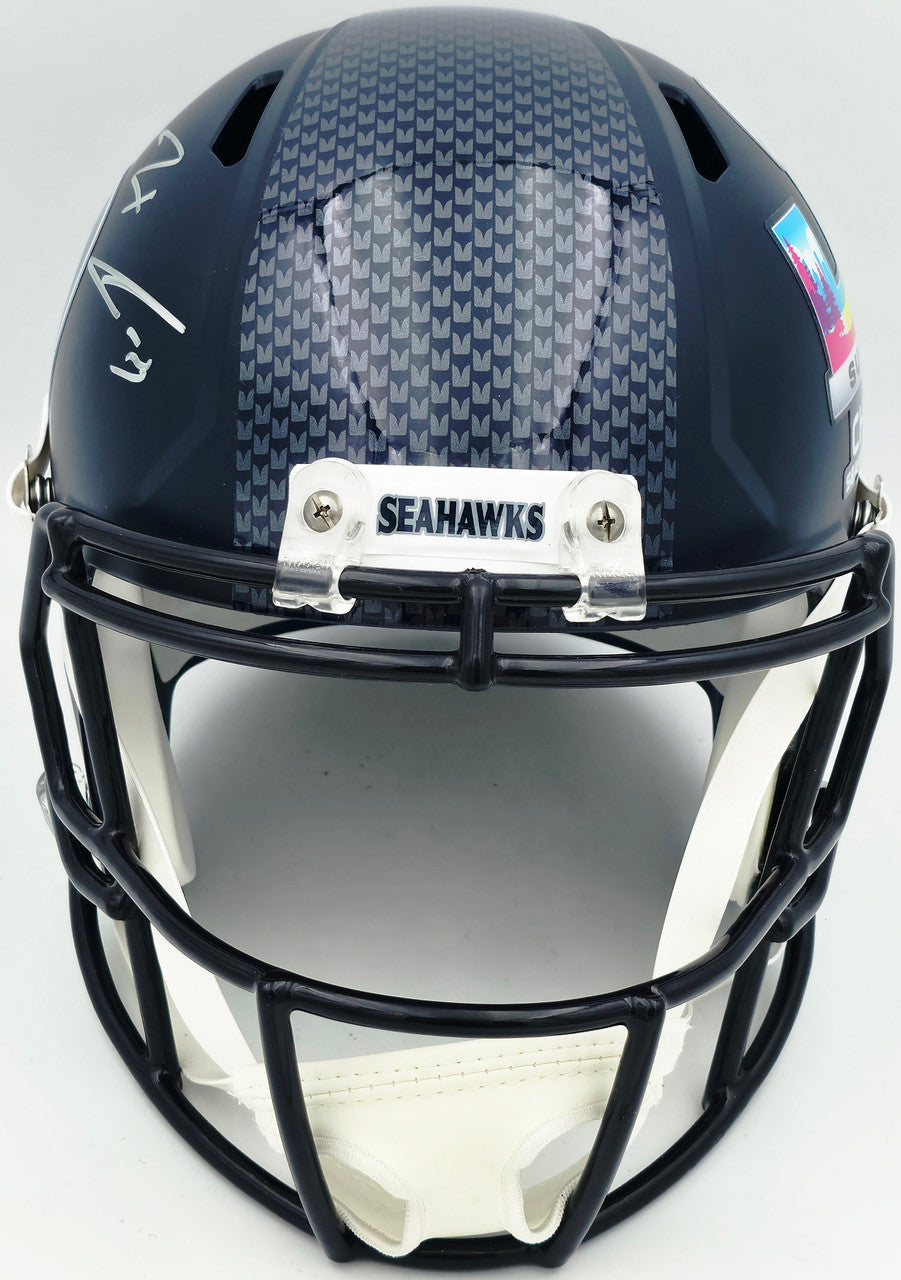Jaxon Smith-Njigba Autographed Seattle Seahawks Blue Super Bowl LX Champions Logo Full Size Speed Replica Helmet Fanatics Holo Stock #262360