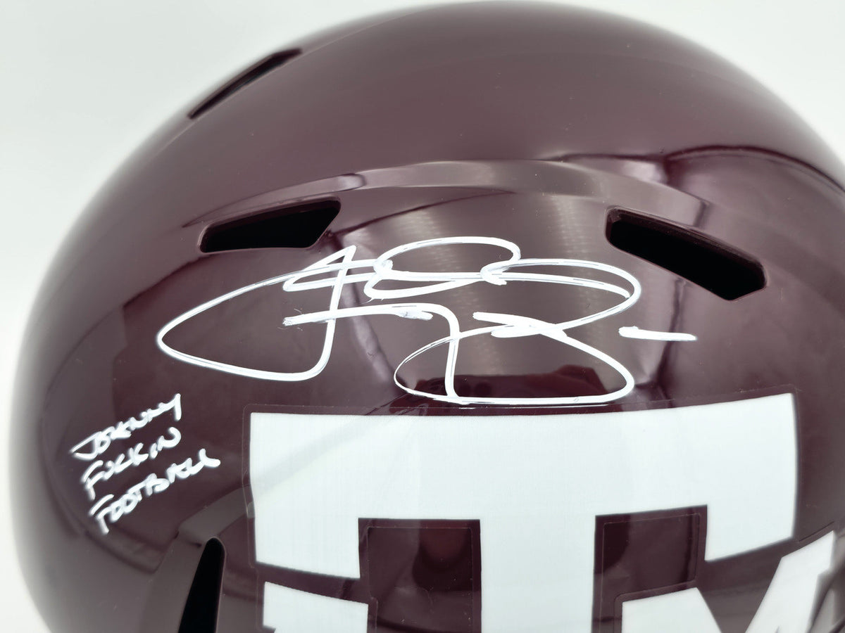 Johnny Manziel Autographed Texas A&M Aggies Maroon 2020 Full Size Speed Replica Helmet "Johnny F'cking Football" Beckett BAS Witness Stock #261980