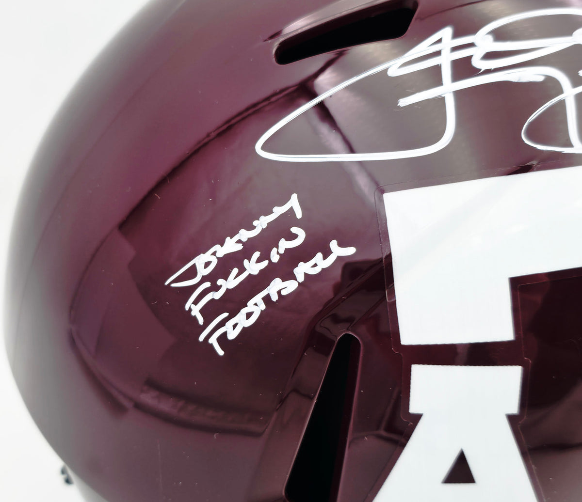 Johnny Manziel Autographed Texas A&M Aggies Maroon 2020 Full Size Speed Replica Helmet "Johnny F'cking Football" Beckett BAS Witness Stock #261980