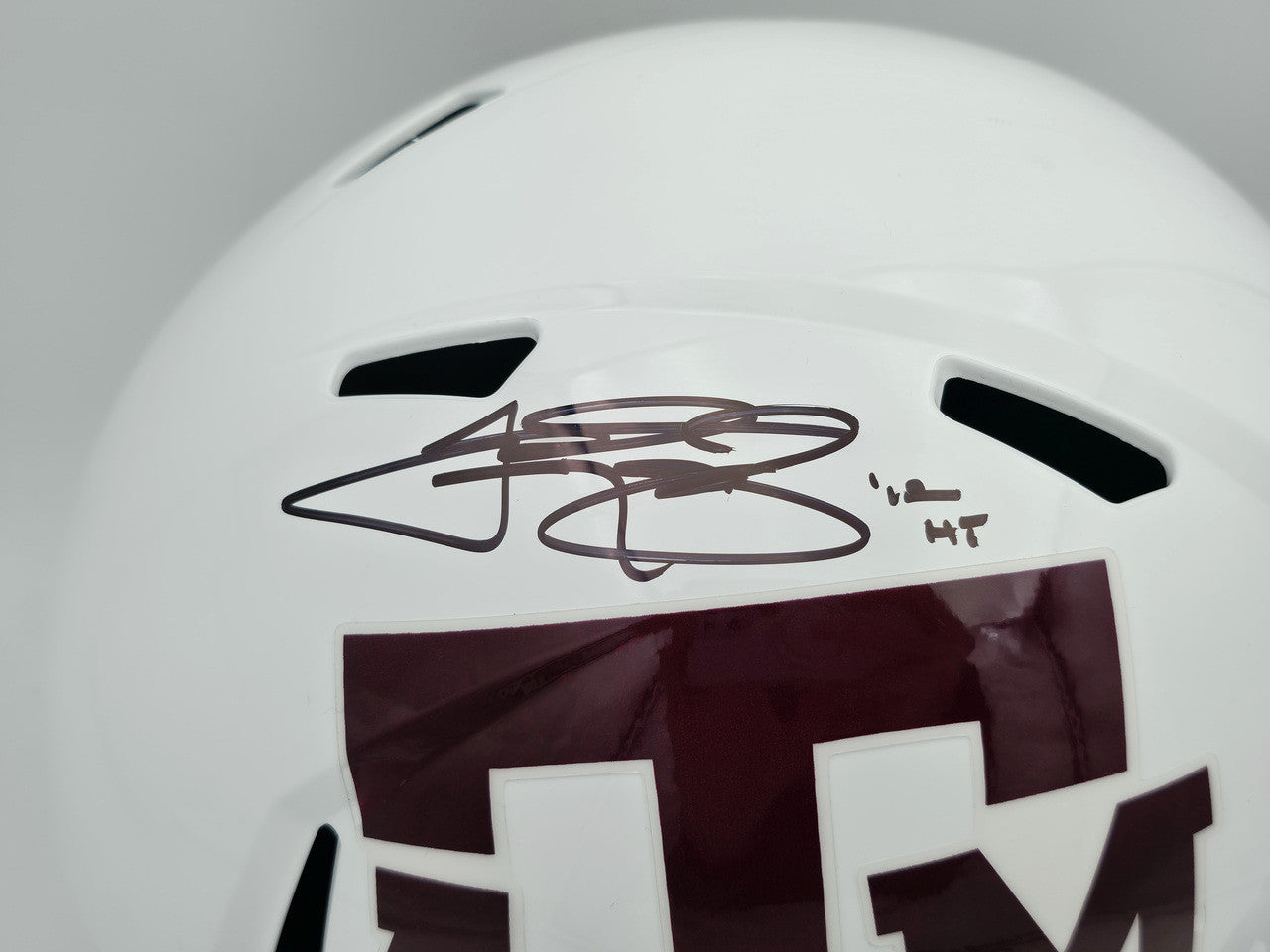 Johnny Manziel Autographed Texas A&M Aggies White Full Size Speed Replica Helmet "12 HT" Beckett BAS Witness Stock #261982