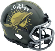 De'Von Achane Autographed Miami Dolphins Dark Green 2025 Salute to Service Speed Mini Helmet Beckett BAS Witness Stock #262076