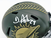 De'Von Achane Autographed Miami Dolphins Dark Green 2025 Salute to Service Speed Mini Helmet Beckett BAS Witness Stock #262076