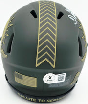 De'Von Achane Autographed Miami Dolphins Dark Green 2025 Salute to Service Speed Mini Helmet Beckett BAS Witness Stock #262076