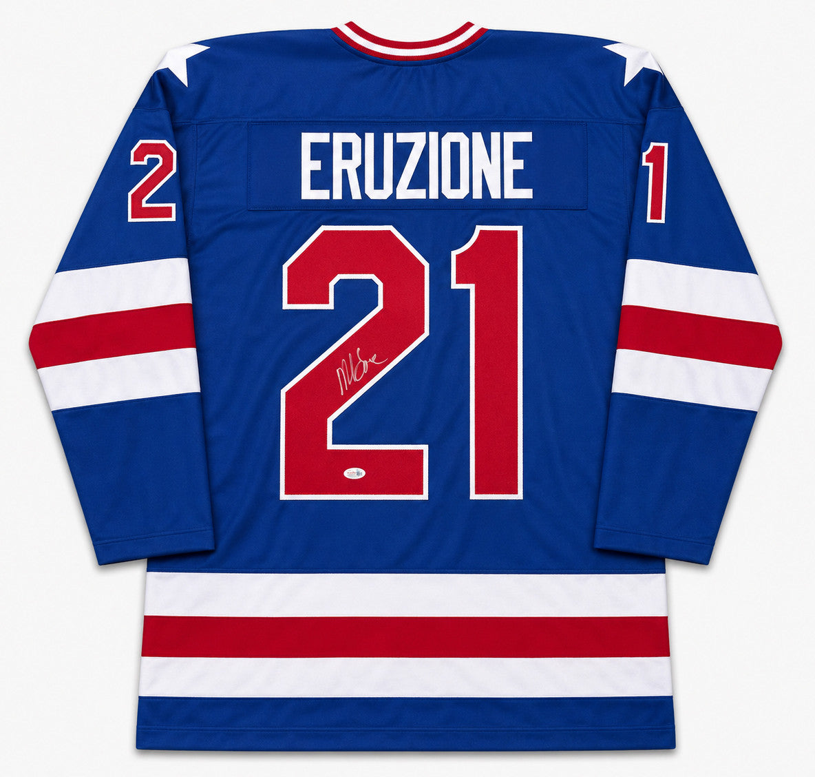 1980 Team USA Mike Eruzione Autographed Blue Jersey JSA Witness Stock #262979