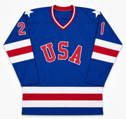 1980 Team USA Mike Eruzione Autographed Blue Jersey JSA Witness Stock #262979