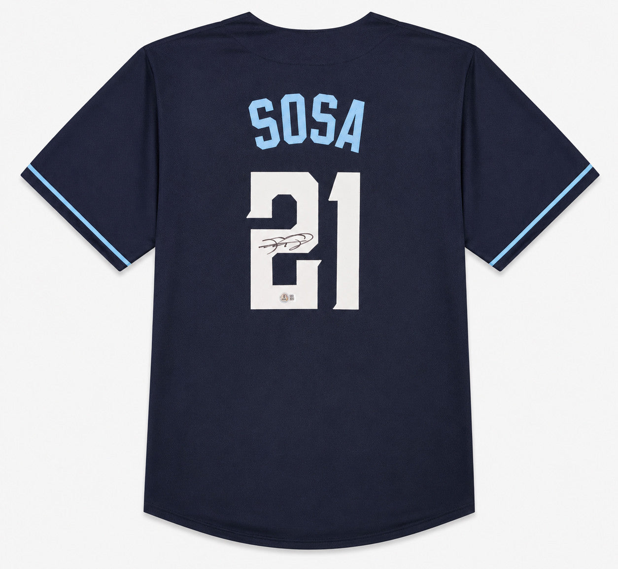 Chicago Cubs Sammy Sosa Autographed Dark Blue Jersey 'Slammin Sammy' Beckett BAS Witness Stock #263336