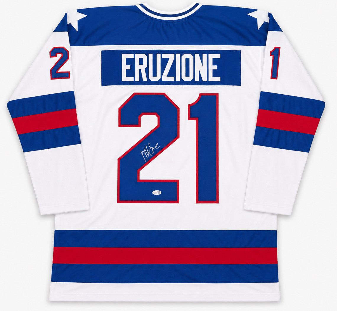 1980 Team USA Mike Eruzione Autographed White Jersey JSA Witness Stock #262978