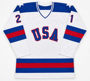 1980 Team USA Mike Eruzione Autographed White Jersey JSA Witness Stock #262978
