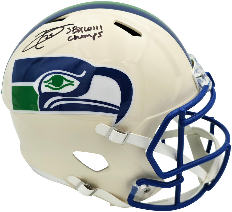 Earl Thomas III Autographed Seattle Seahawks Cream Retro Full Size Replica Speed Helmet "SB XLVIII Champs" Beckett BAS Witness Stock #262439