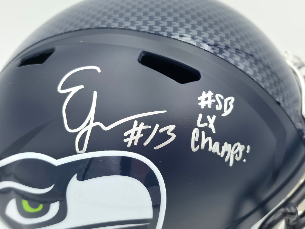 Ernest Jones IV Autographed Seattle Seahawks Blue Full Size Super Bowl LX Champions Logo Speed Replica Helmet "SB LX Champs" MCS Holo Stock #262471