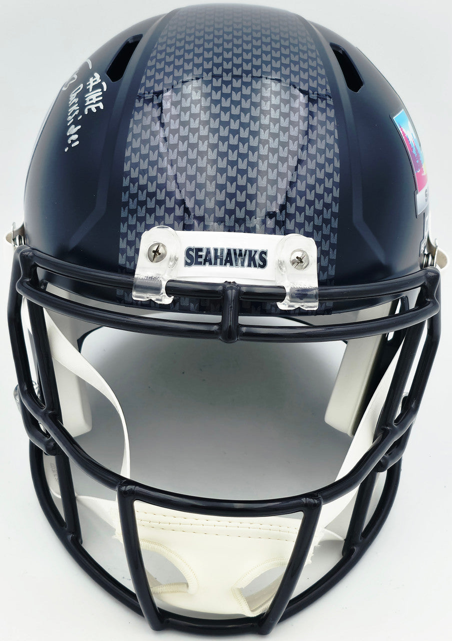 Ernest Jones IV Autographed Seattle Seahawks Blue Full Size Super Bowl LX Champions Logo Speed Replica Helmet "The Darkside" MCS Holo Stock #262477