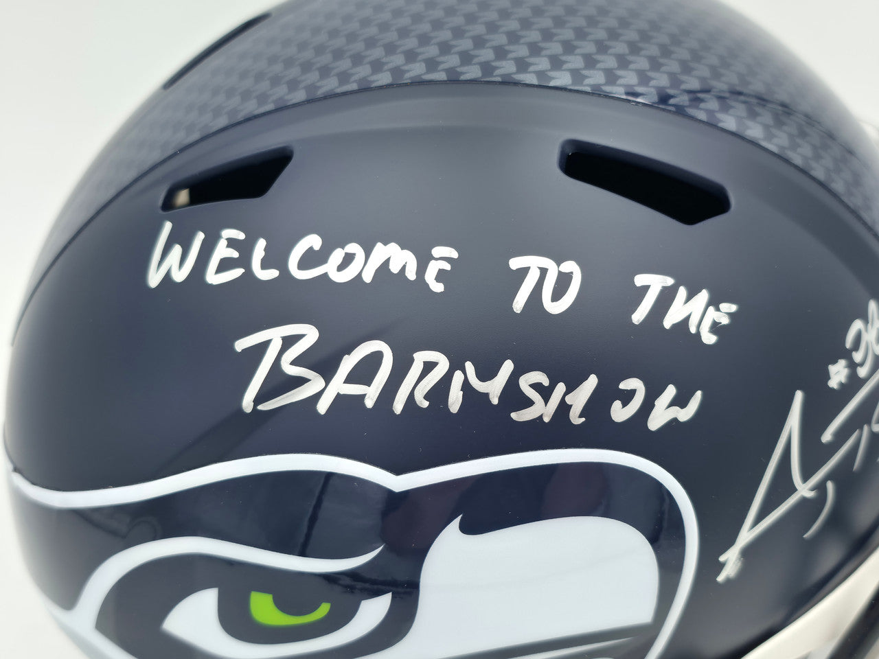 AJ Barner Autographed Seattle Seahawks Blue Full Size Speed Replica Helmet "Welcome To The Barnshow" Beckett BAS Witness Stock #262478