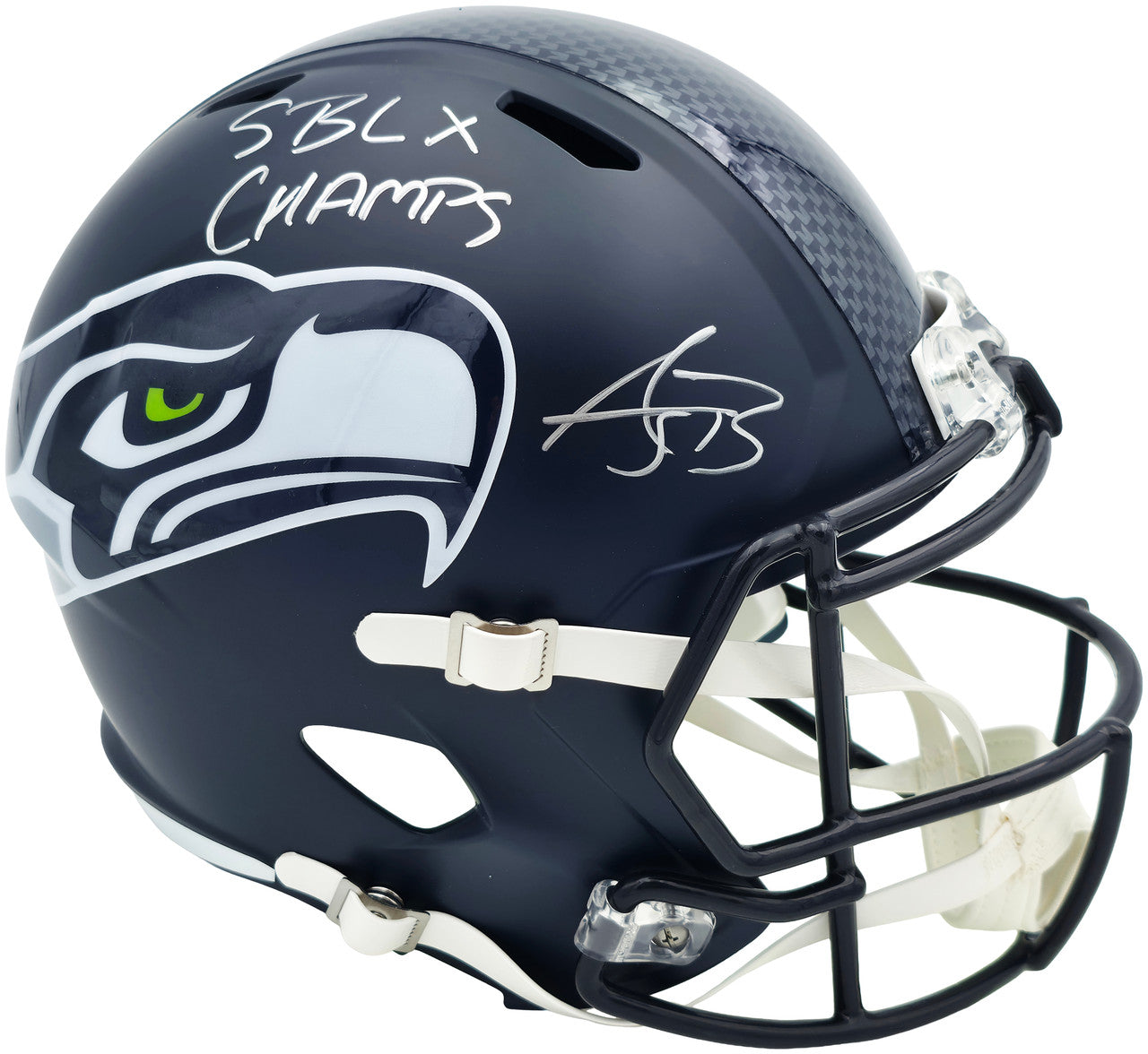 AJ Barner Autographed Seattle Seahawks Blue Full Size Super Bowl LX Champions Logo Speed Replica Helmet "SB LX Champs" Beckett BAS Witness Stock #262479