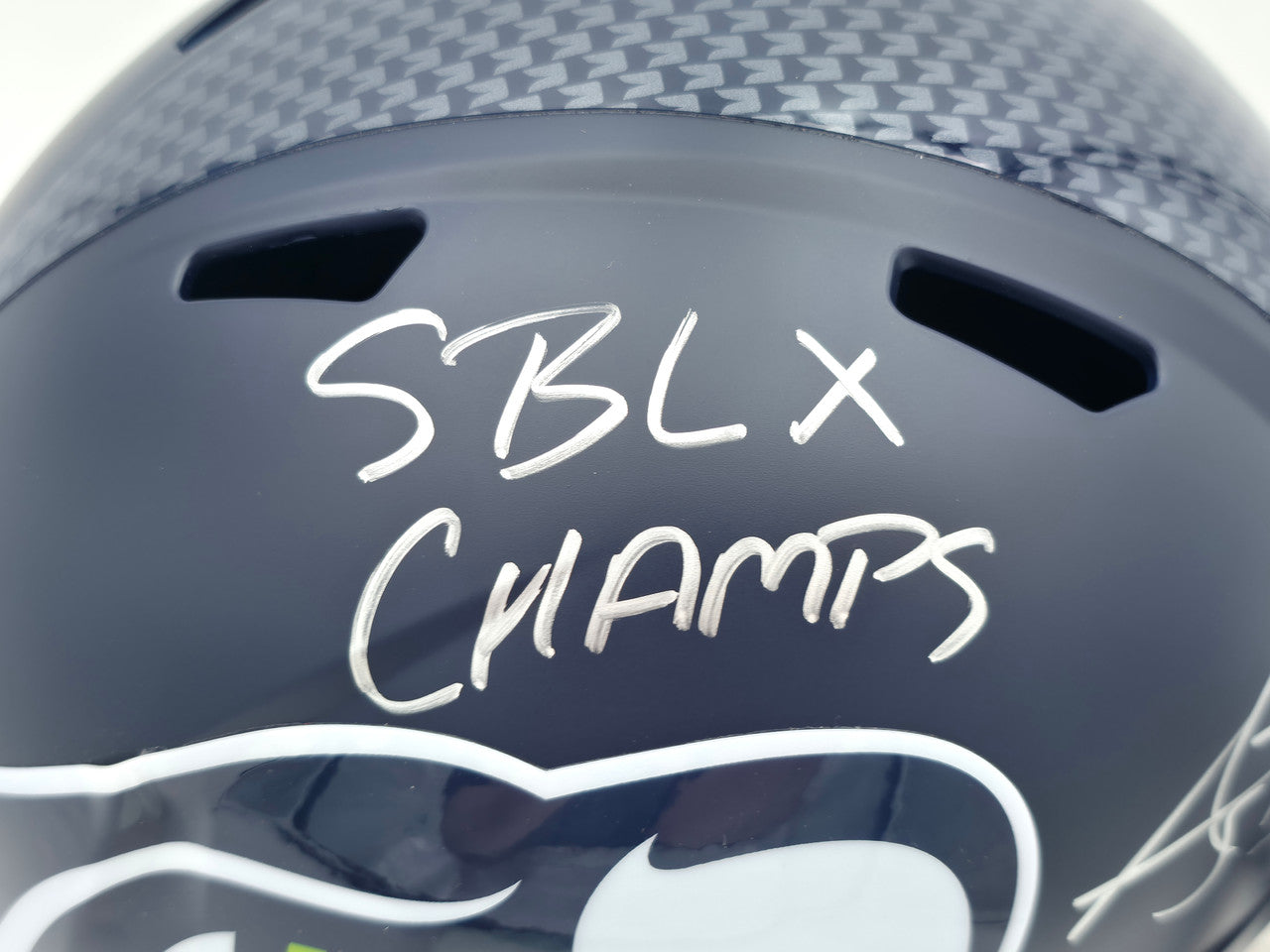 AJ Barner Autographed Seattle Seahawks Blue Full Size Super Bowl LX Champions Logo Speed Replica Helmet "SB LX Champs" Beckett BAS Witness Stock #262479