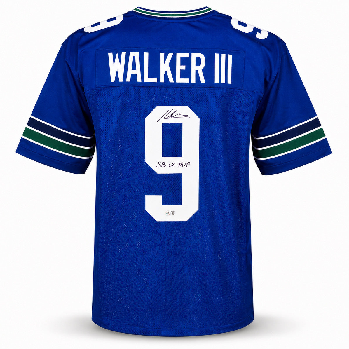 Seattle Seahawks Kenneth Walker III Autographed Blue Throwback Jersey "SB LX MVP" Beckett BAS Witness Stock #262404