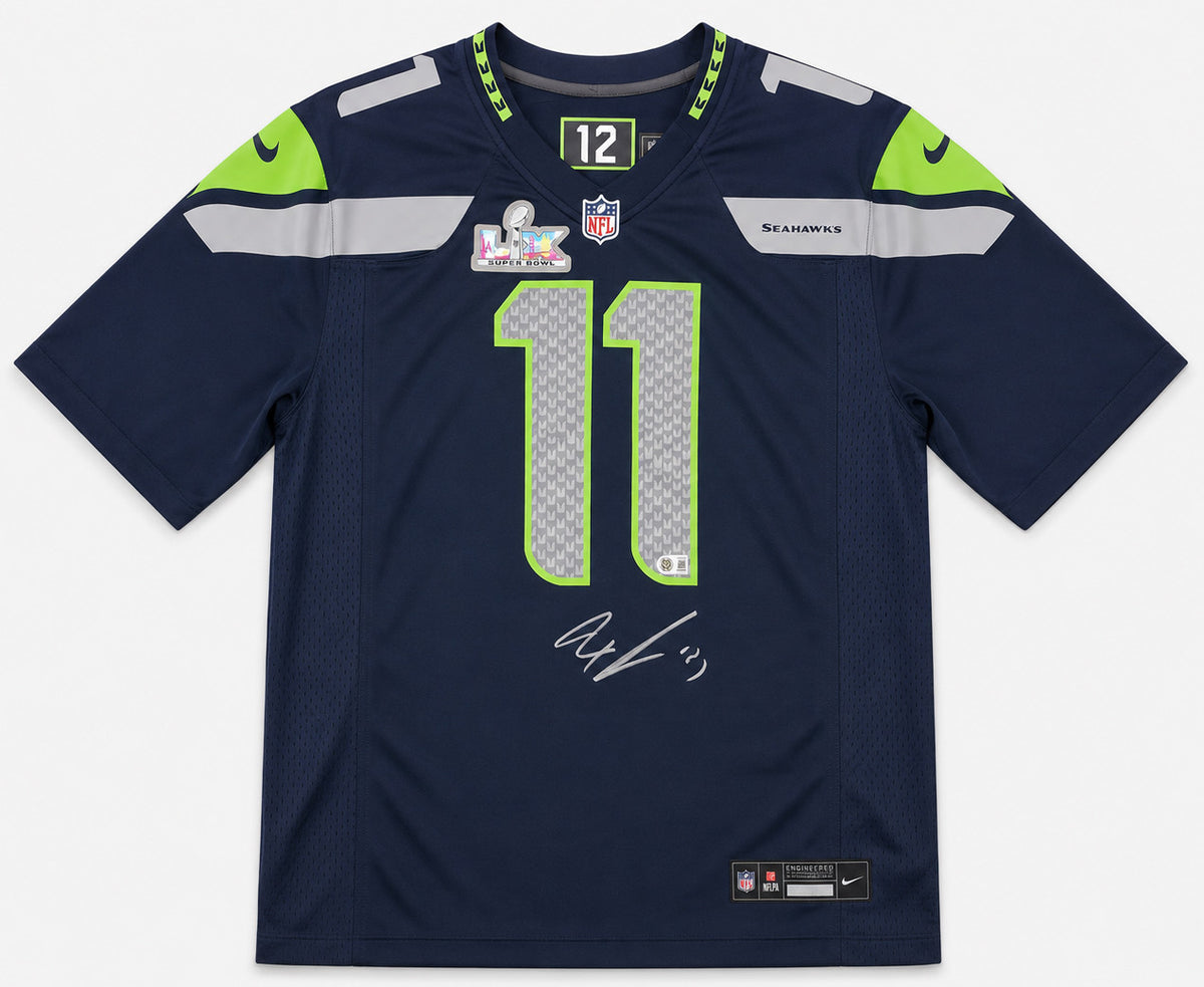 Seattle Seahawks Jaxon Smith-Njigba Autographed Blue Nike Super Bowl LX Patch Jersey Size L Beckett BAS Witness Stock #265846
