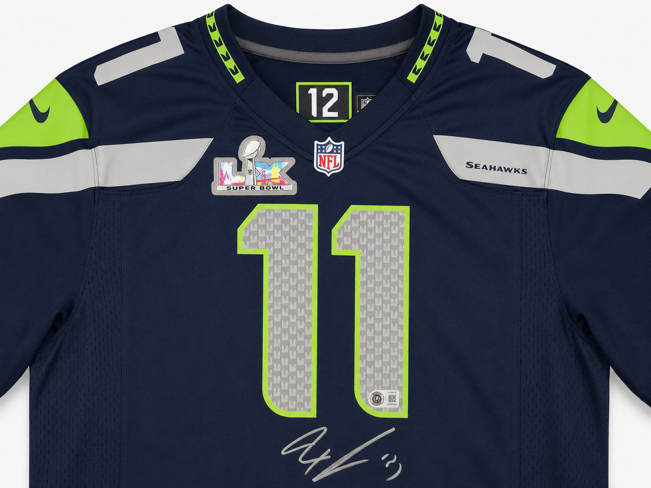 Seattle Seahawks Jaxon Smith-Njigba Autographed Blue Nike Super Bowl LX Patch Jersey Size L Beckett BAS Witness Stock #265846