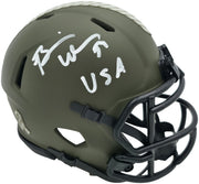 Brian Urlacher Autographed Chicago Bears Camo Green Salute to Service Speed Mini Helmet "USA" Beckett BAS Witness Stock #265865