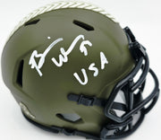Brian Urlacher Autographed Chicago Bears Camo Green Salute to Service Speed Mini Helmet "USA" Beckett BAS Witness Stock #265865