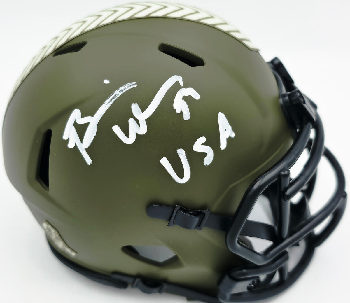 Brian Urlacher Autographed Chicago Bears Camo Green Salute to Service Speed Mini Helmet "USA" Beckett BAS Witness Stock #265865