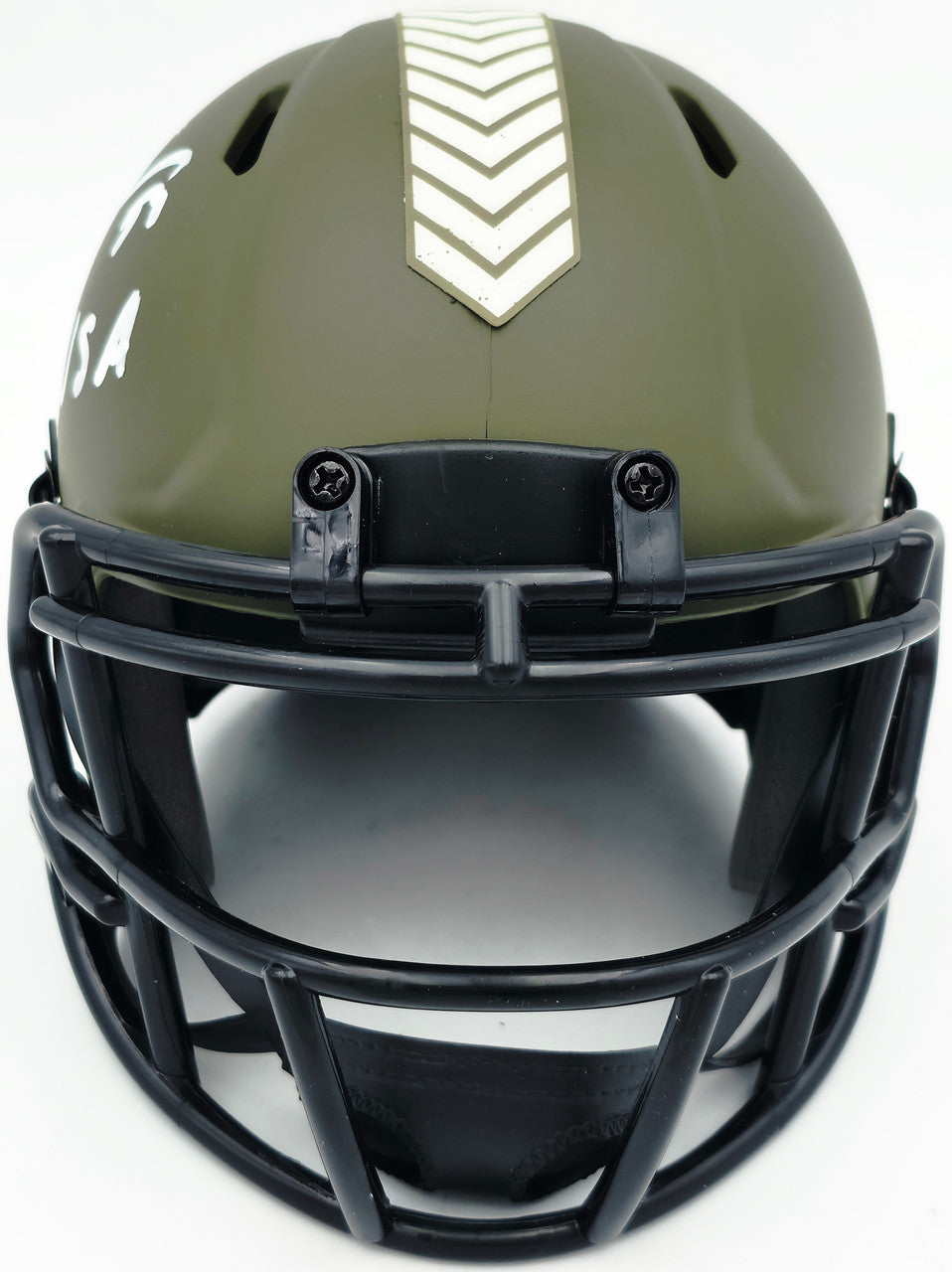 Brian Urlacher Autographed Chicago Bears Camo Green Salute to Service Speed Mini Helmet "USA" Beckett BAS Witness Stock #265865