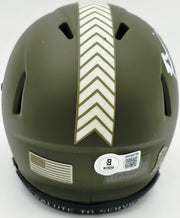 Brian Urlacher Autographed Chicago Bears Camo Green Salute to Service Speed Mini Helmet "USA" Beckett BAS Witness Stock #265865