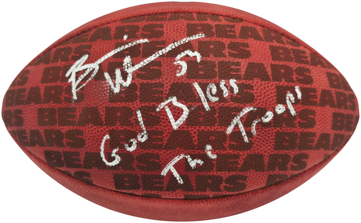 Brian Urlacher Autographed Chicago Bears Official NFL Leather Chicago Bears Logo Football "God Bless The Troops" Beckett BAS Witness Stock #265848
