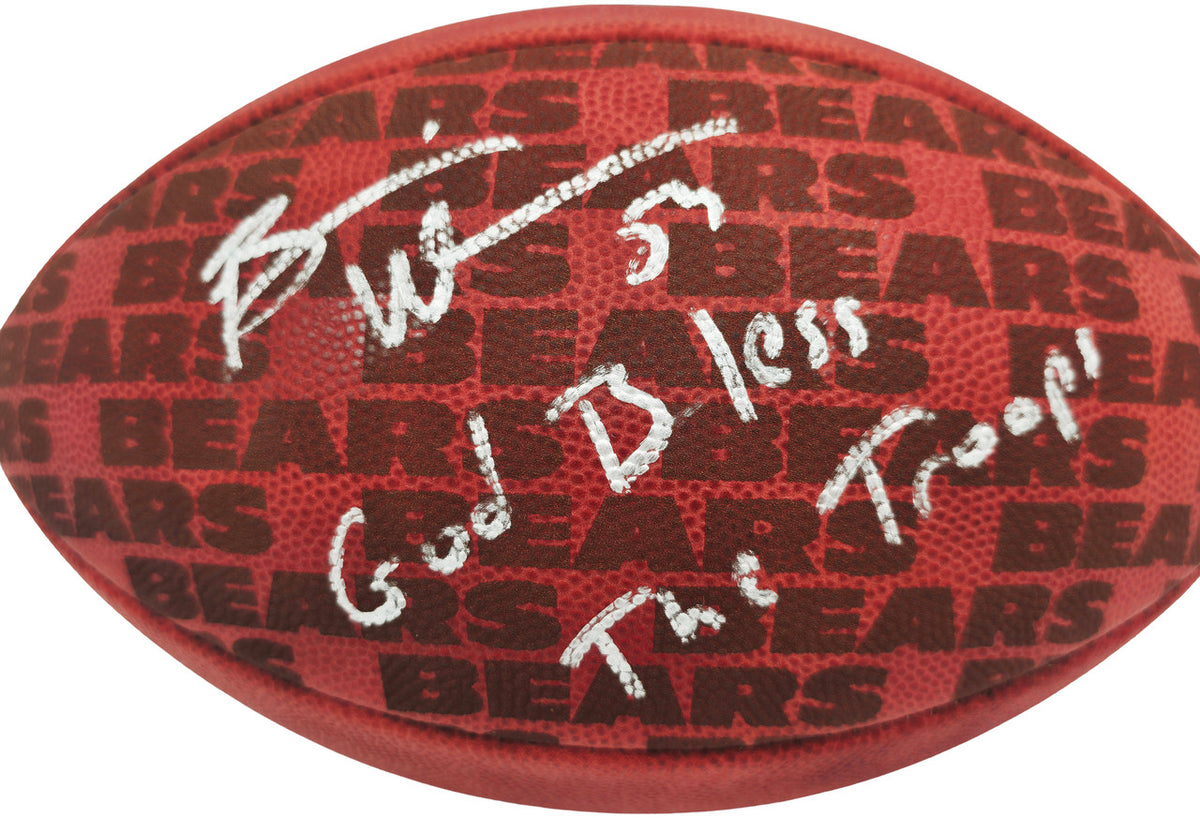 Brian Urlacher Autographed Chicago Bears Official NFL Leather Chicago Bears Logo Football "God Bless The Troops" Beckett BAS Witness Stock #265848