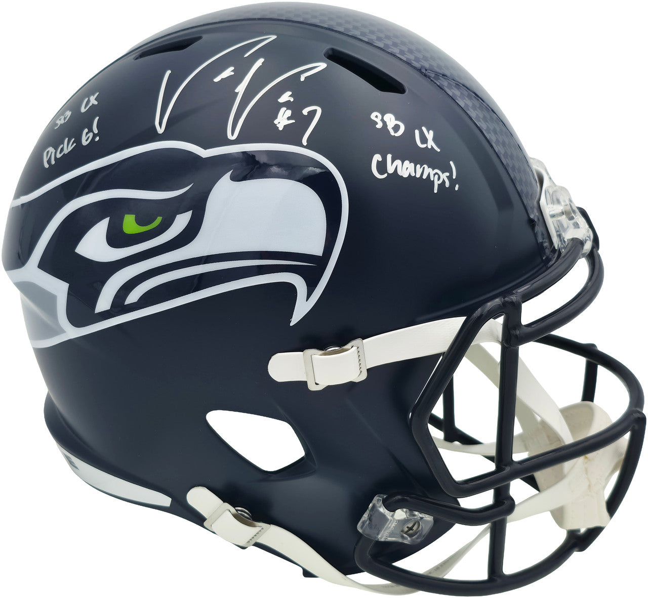 Uchenna Nwosu Autographed Seattle Seahawks Blue Full Size Super Bowl LX Champions Logo Speed Replica Helmet "SB LX Pick 6, SB LX Champs!" MCS Holo Stock #265543